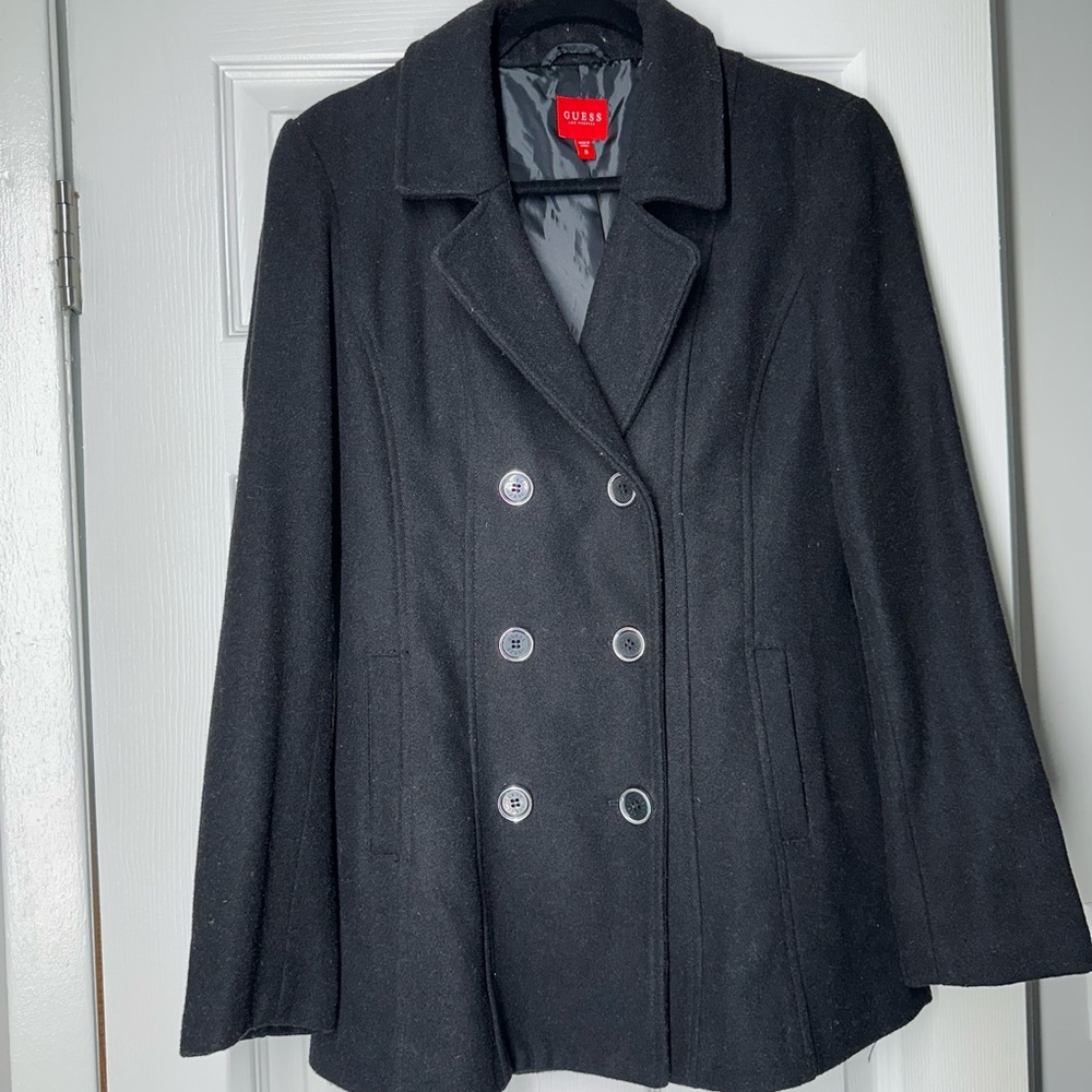 Guess Black Double-Breasted Peacoat with Wide Lapels